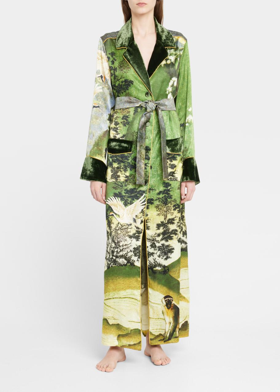 F.R.S For Restless Sleepers Long Crane-Print Velvet Belted Robe ...