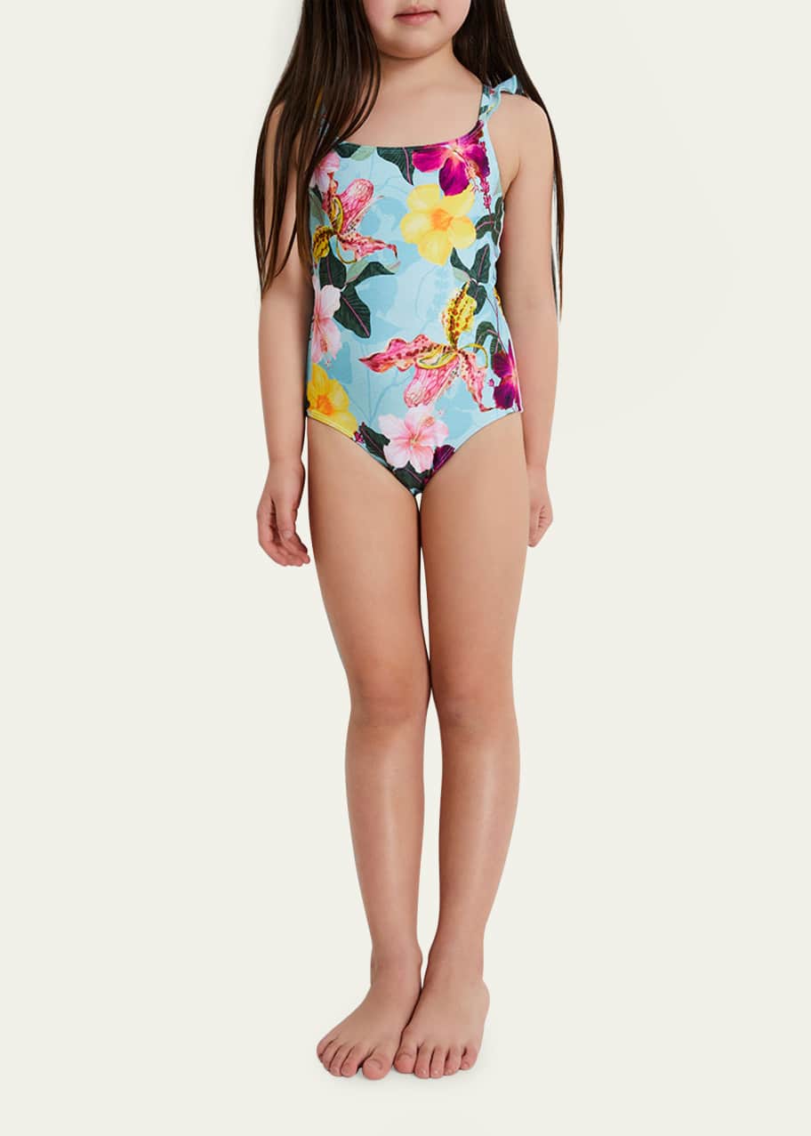 Image 1 of 1: Girl's Hibiscus Ruffle Trim One-Piece Swimsuit, Size 2T-6