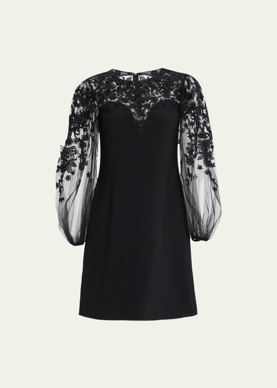 Carolina Herrera Floral Embroidered Balloon-Sleeve Illusion Mini Dress
