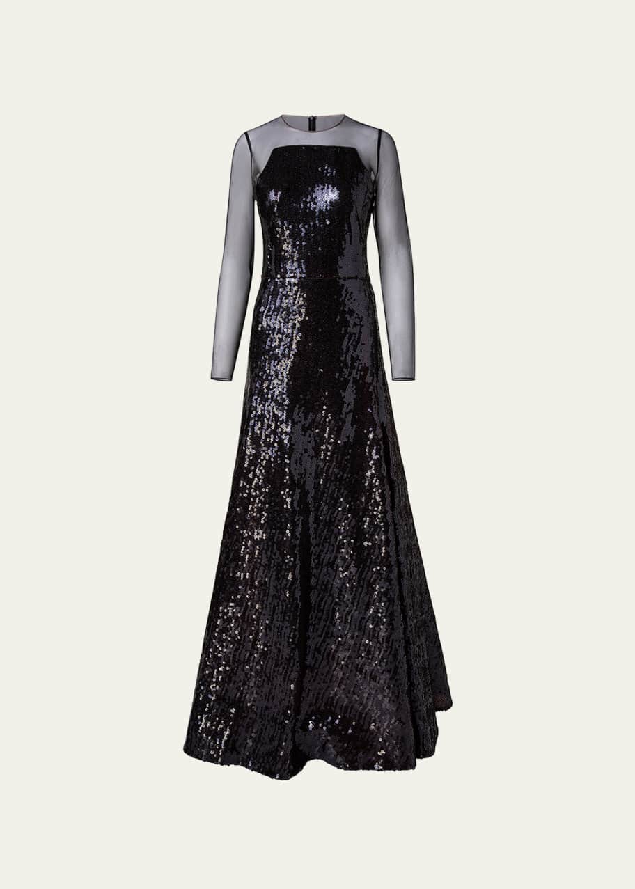 Image 1 of 1: Sequined Tulle Sleeve Gown