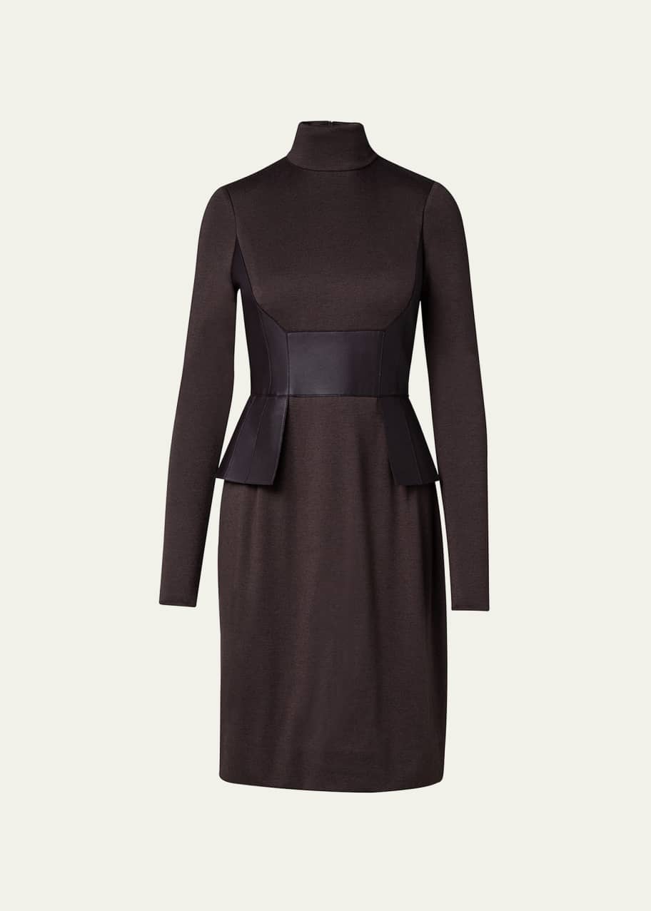 Akris Mock-Neck Leather Peplum Waist Cashmere Dress - Bergdorf Goodman