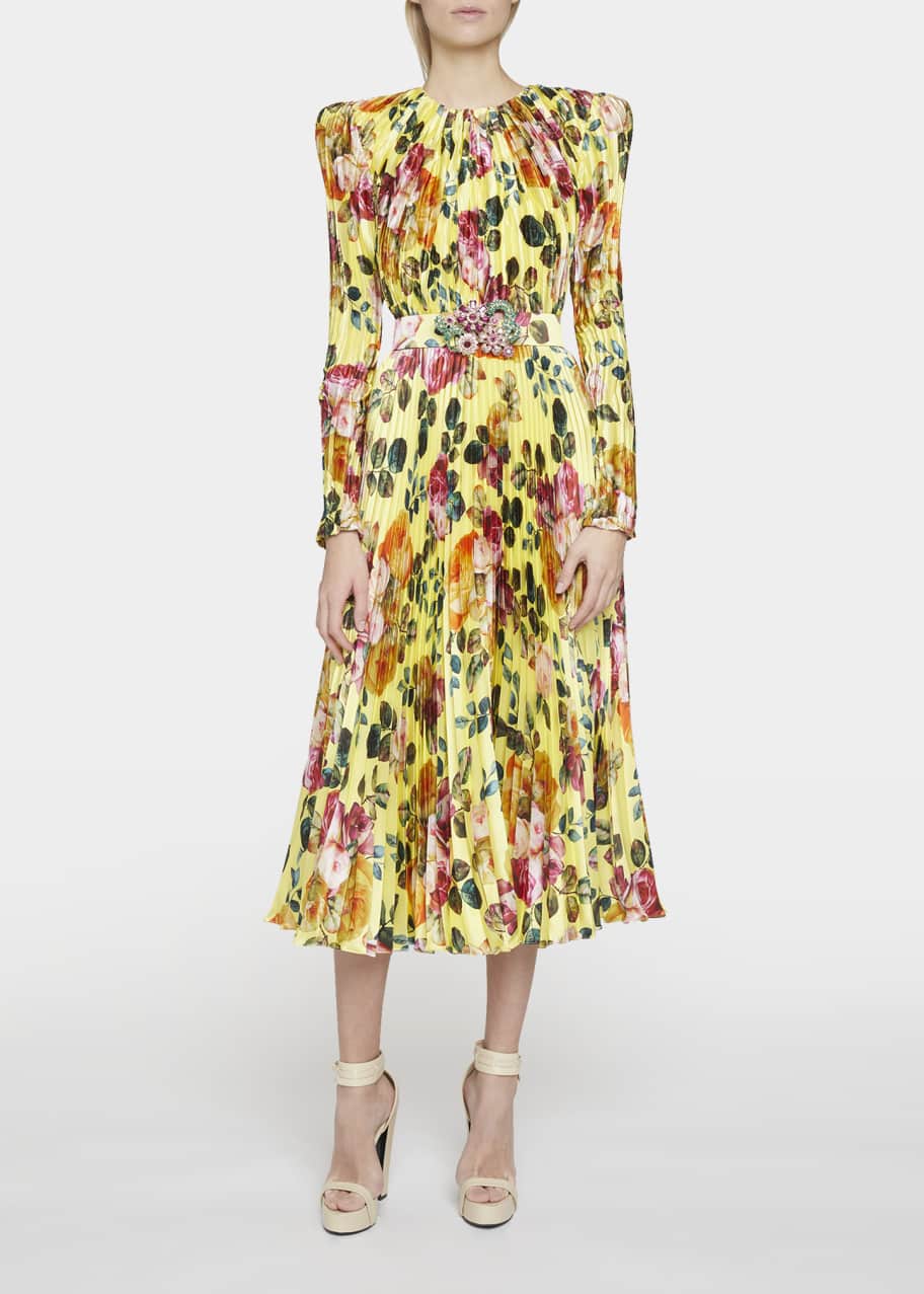 Andrew Gn Floral-Print Satin Plisse Belted Midi Dress - Bergdorf Goodman