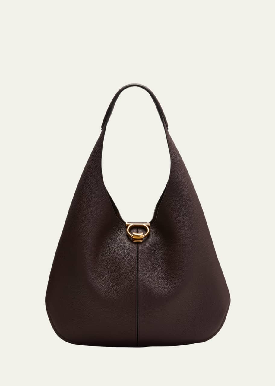 Ferragamo Margot Gancini Leather Hobo Bag in Black