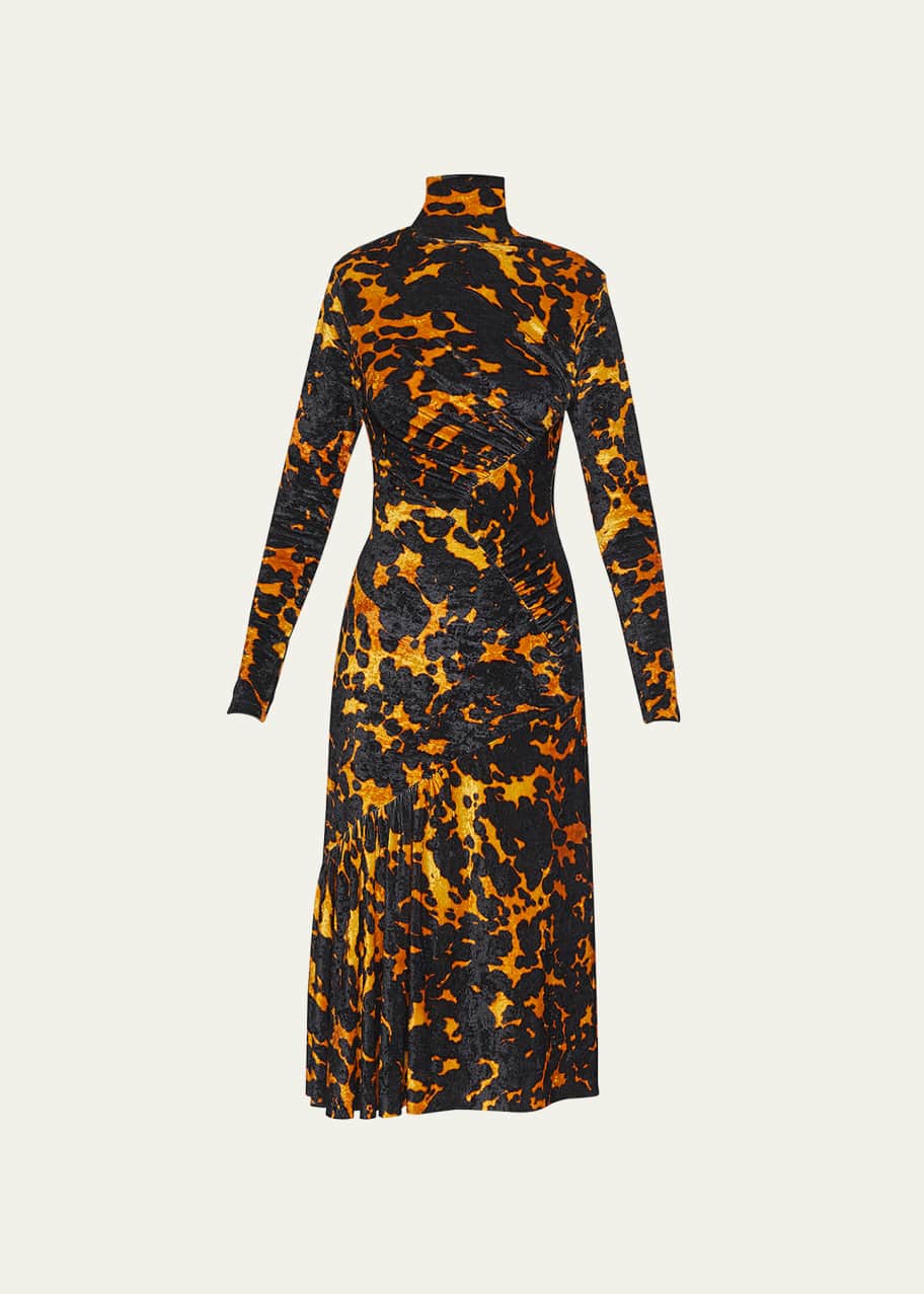 Dries Van Noten Henalis Tortoise Ruched Velvet Midi Dress