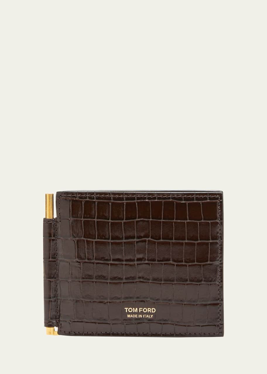TOM FORD Men's T-Line Glossy Croc-Print Leather Money Clip Wallet