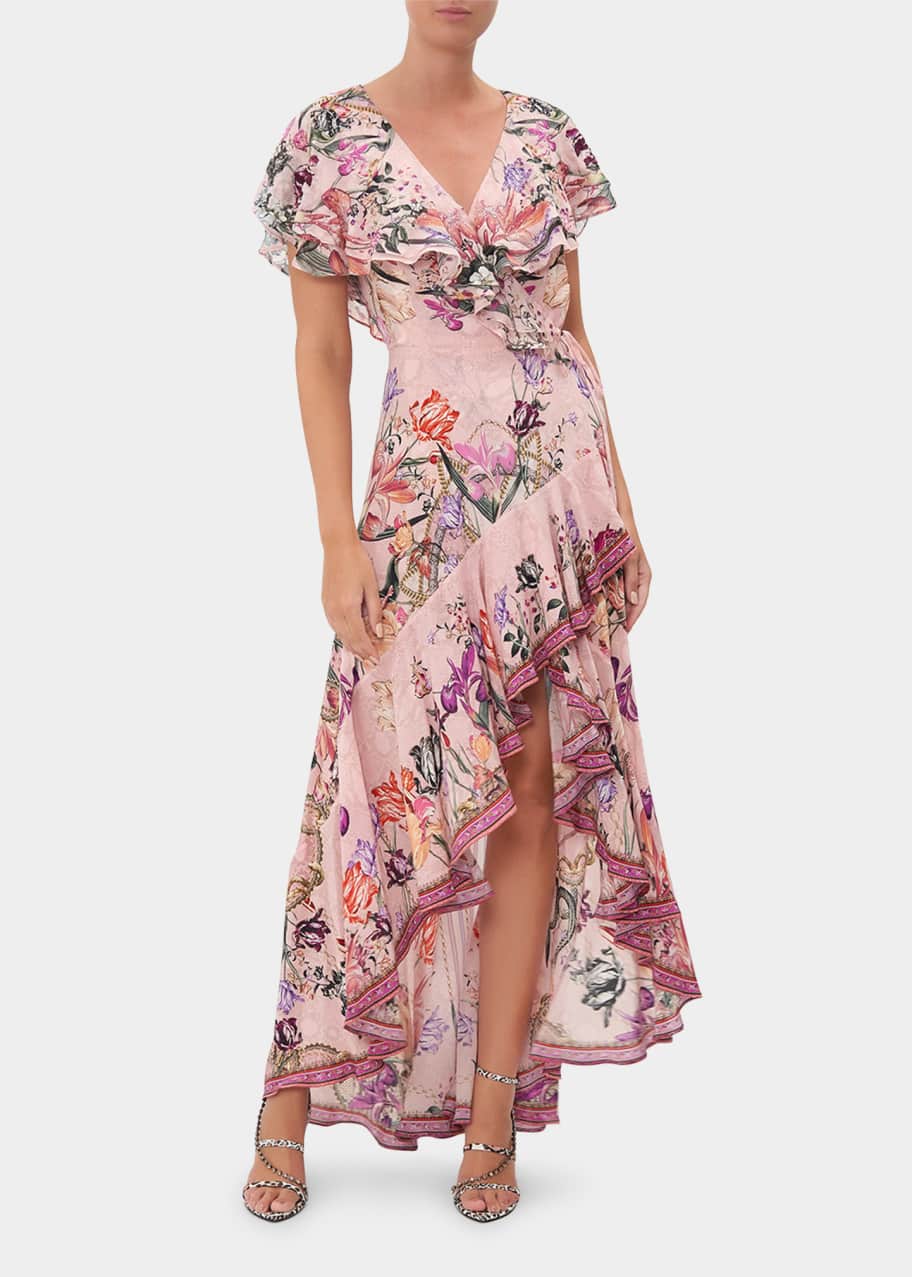 Camilla Frill-Sleeve High-Low Long Silk Dress - Bergdorf Goodman