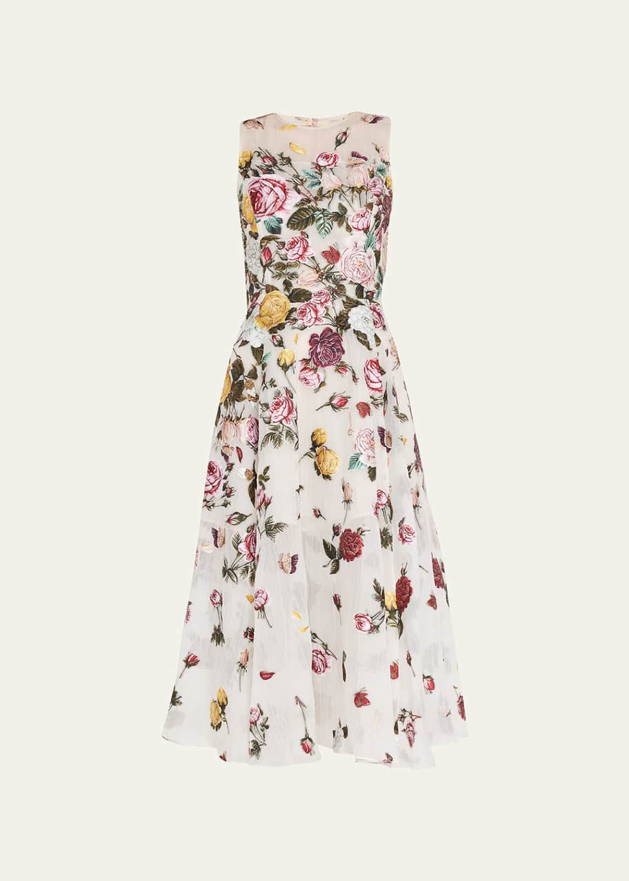 Oscar De La Renta Roses Fil Coupe Embroidered Dress Bergdorf Goodman 9061