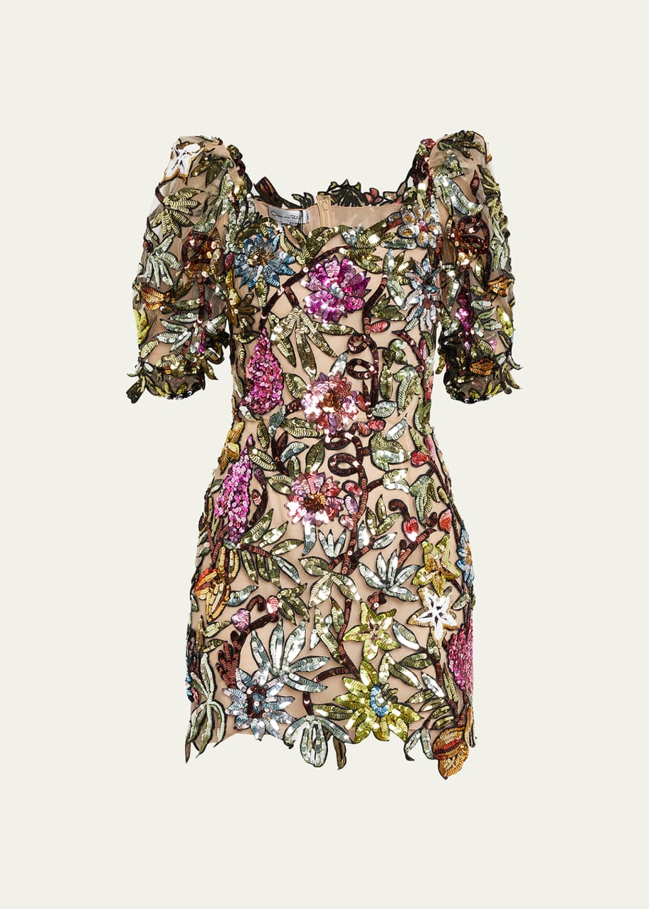 Image 1 of 1: Floral Applique Puff-Sleeve Mini Dress