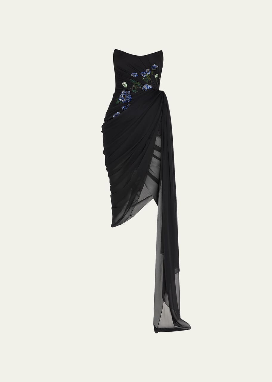 oscar de la renta chiffon dress Cape-effect embellished silk-chiffon gown - navy