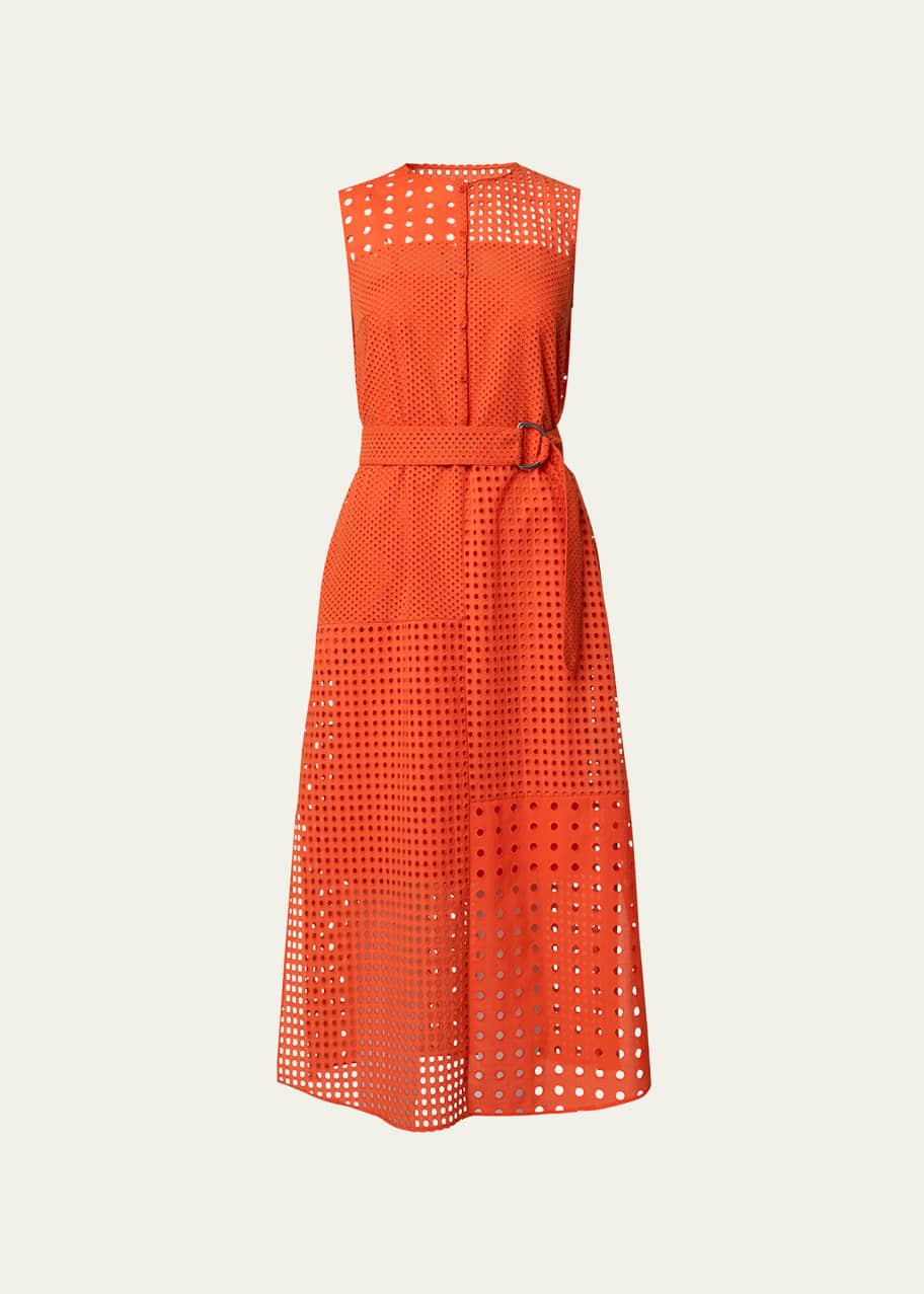 Akris punto Eyelet Embroidered Patchwork Midi Dress with Belt