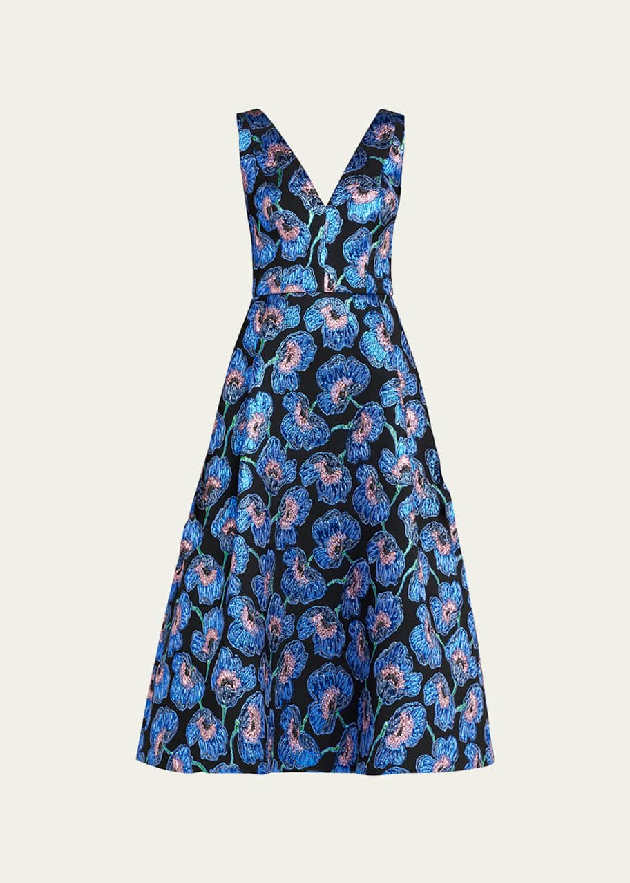 Carolina Herrera Plunging Metallic Poppy Jacquard Midi Dress