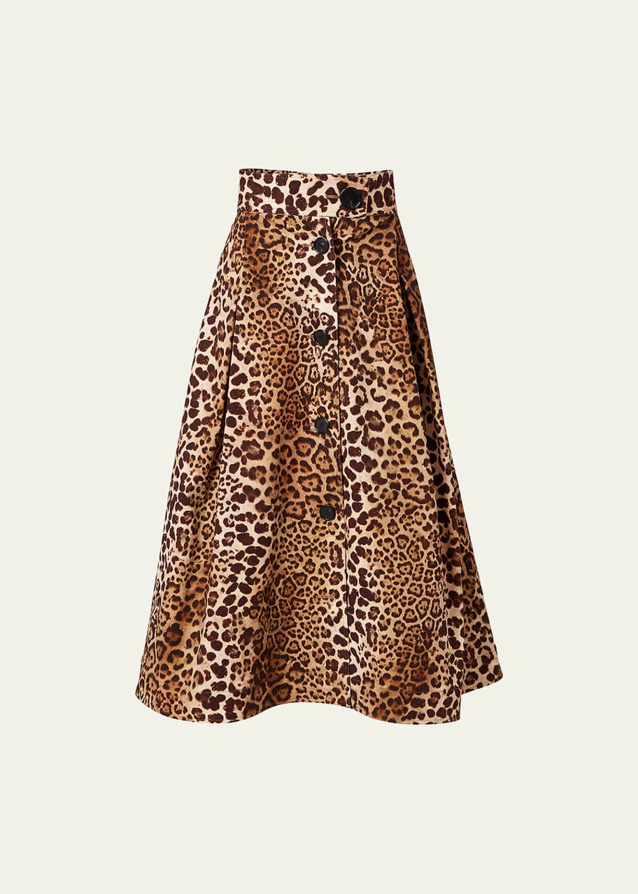 Carolina Herrera Leopard-Print Pleated Button-Front Midi Skirt