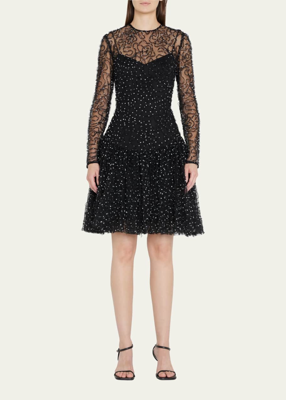 Lela Rose Swirl Dot Long-Sleeve Flounce-Hem Dress - Bergdorf Goodman