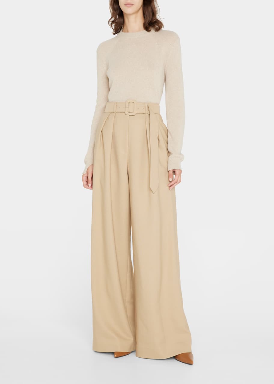 Brandon Maxwell Pleated Wide-Leg Wool Trousers with Belt