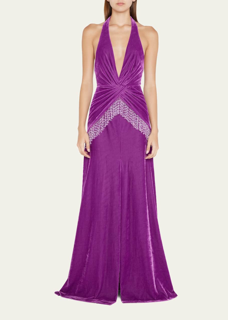 PatBO Plunge Velvet Beaded Fringe Maxi Dress Bergdorf Goodman