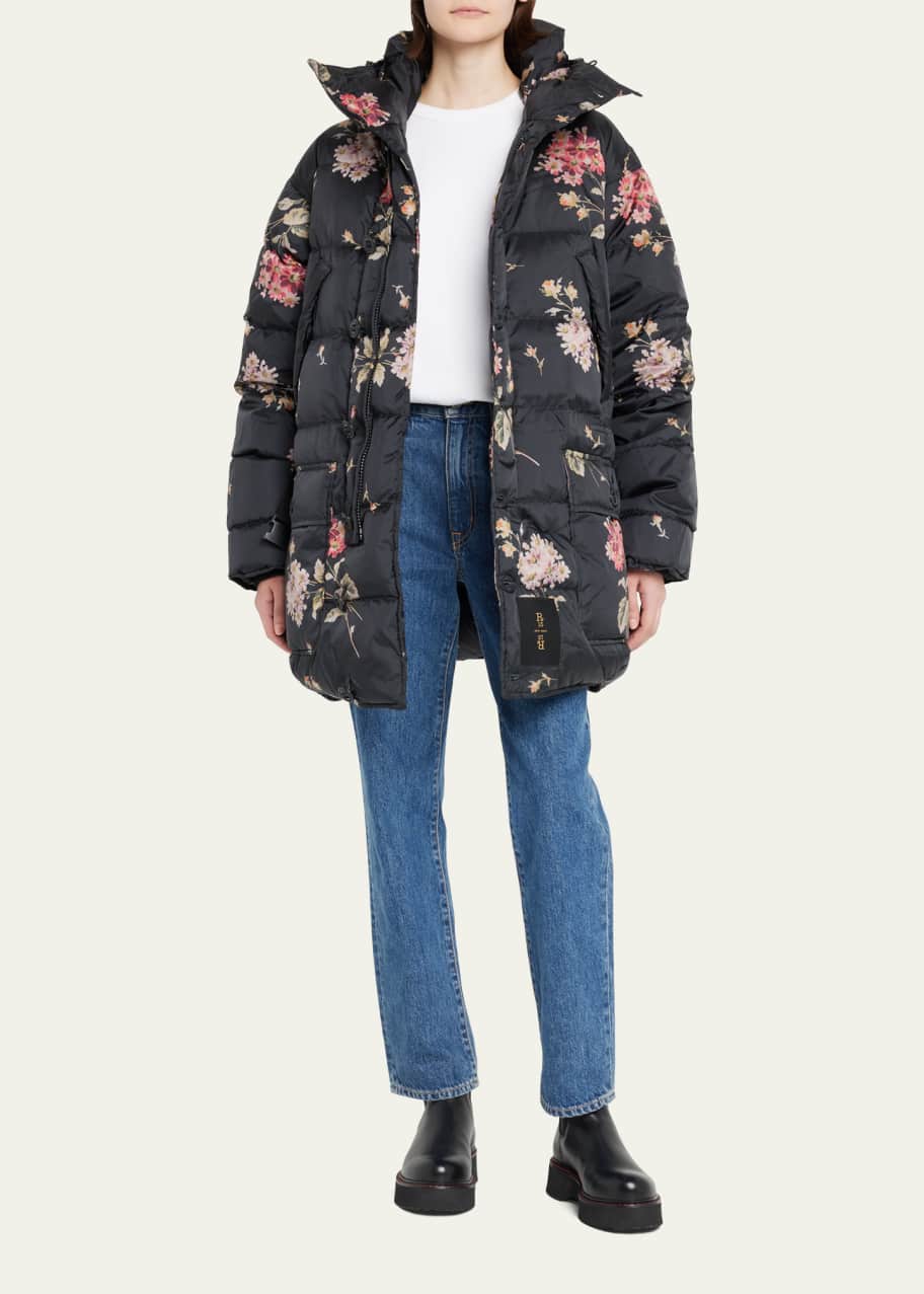 Upside Down Floral Belted Puffer Coat