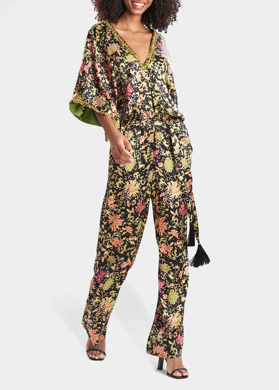 Josie Natori Yasugi Beaded FloralPrint Jumpsuit Bergdorf Goodman
