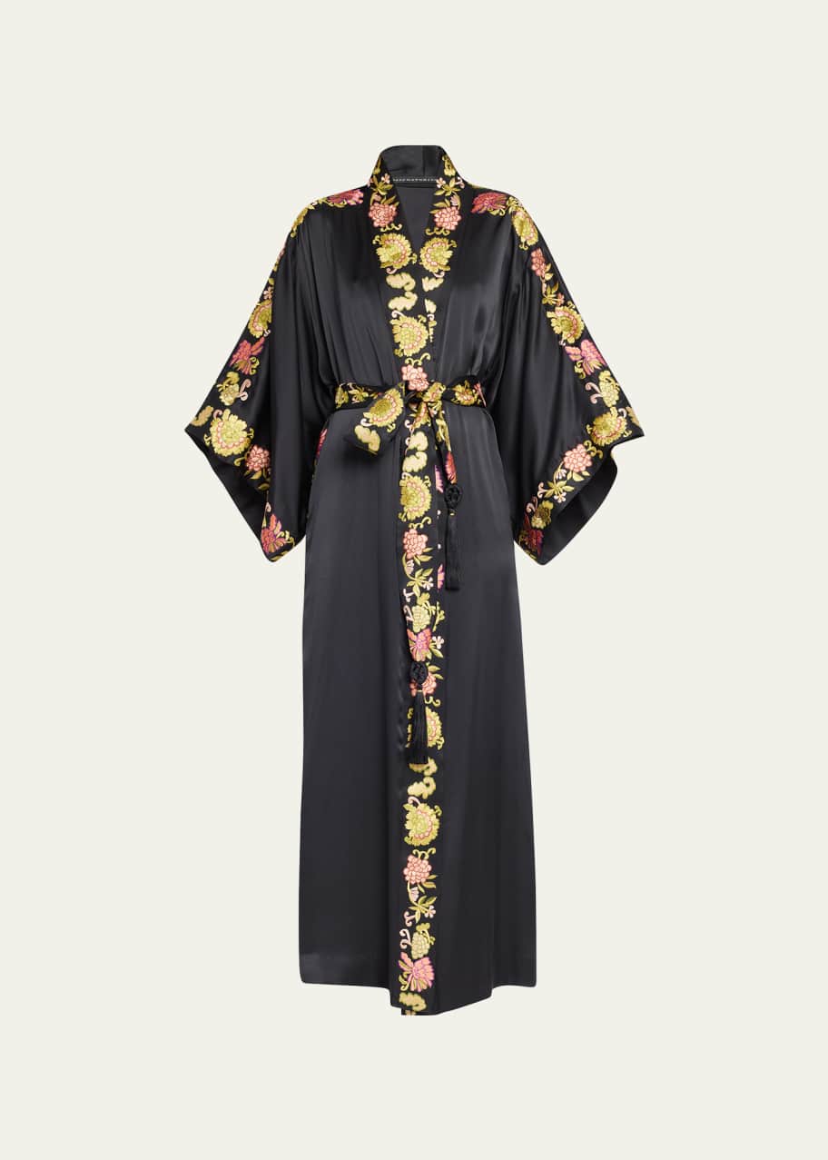 Josie Natori Yasugi Embroidered-Trim Silk Robe - Bergdorf Goodman