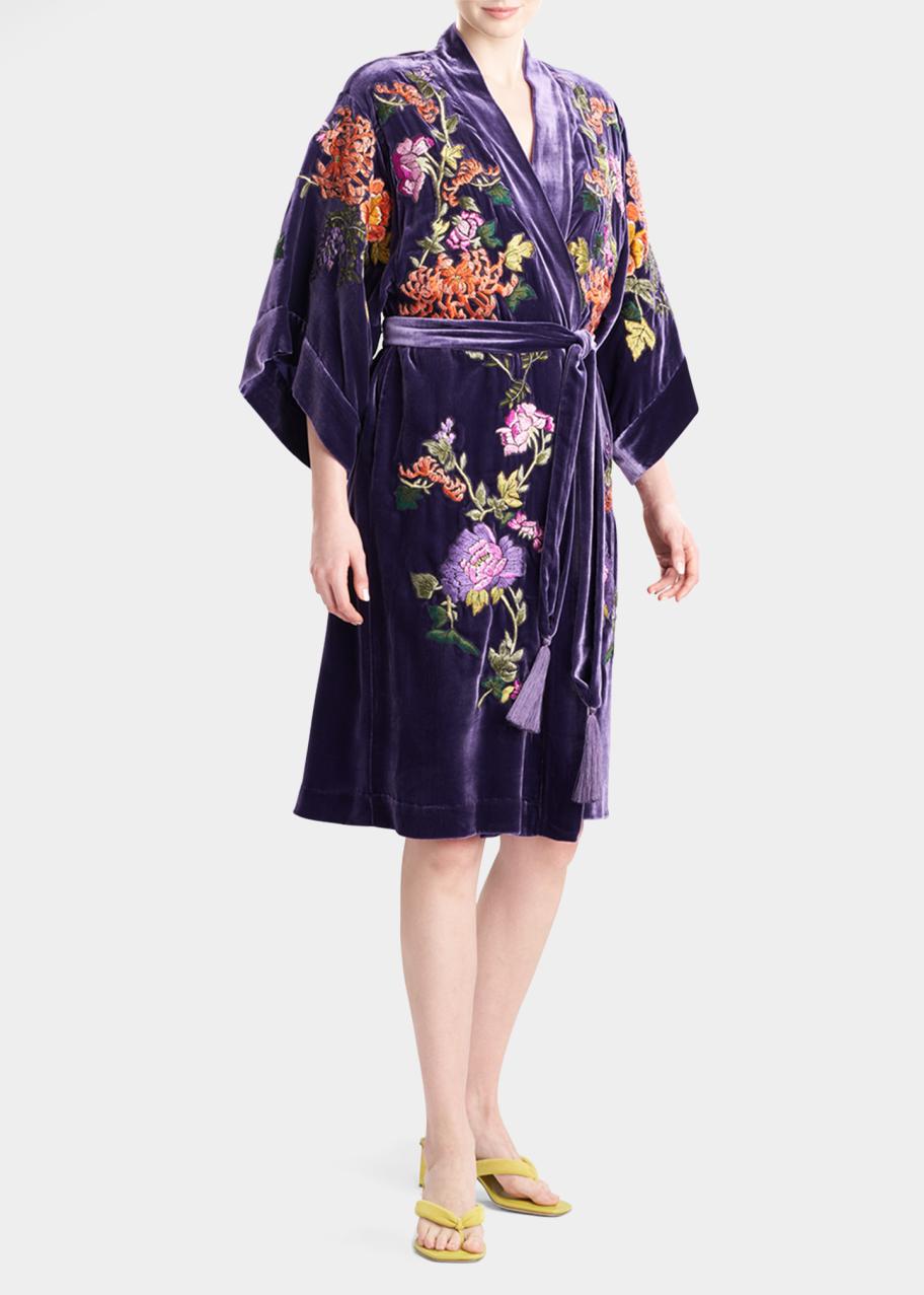 Josie Natori Floral-Embroidered Short Velvet Robe - Bergdorf Goodman