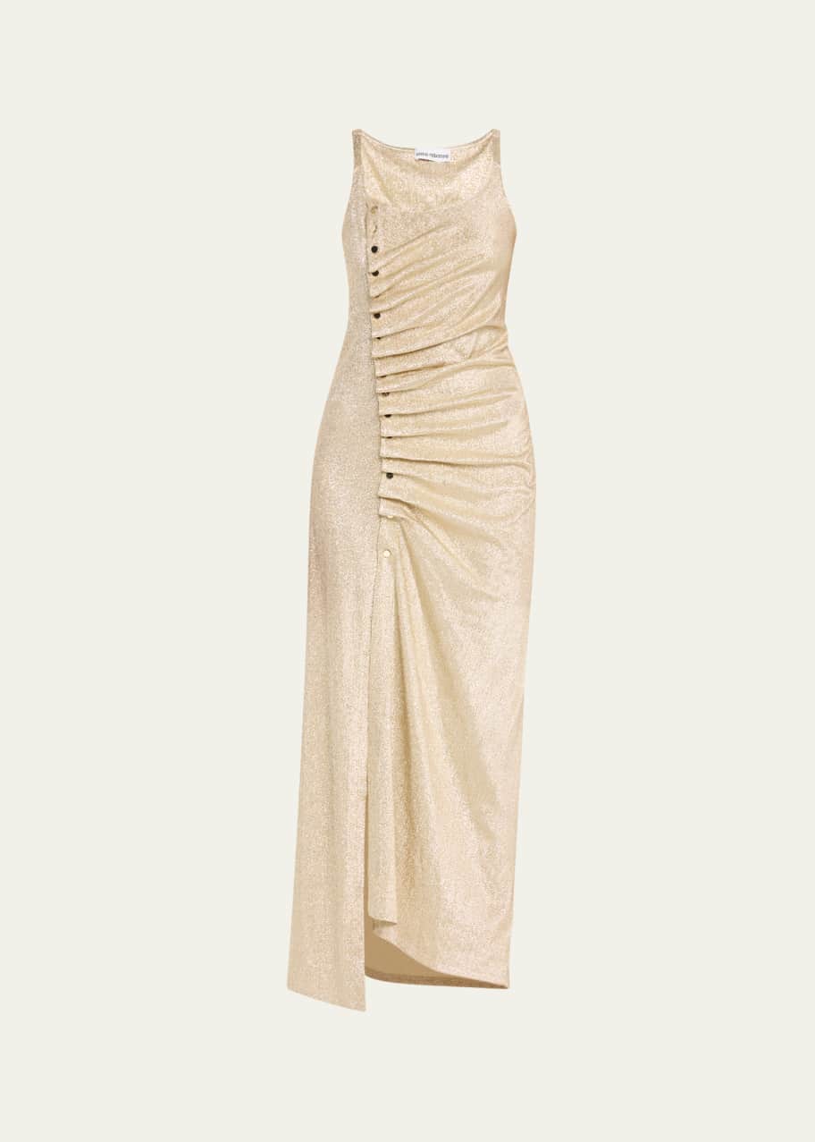 Image 1 of 1: Metallic Ruched Snap Maxi Dress