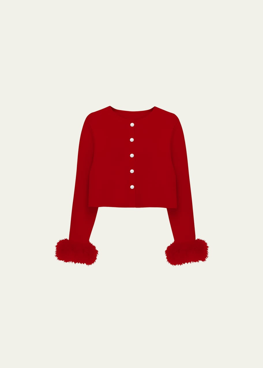Image 1 of 1: Cropped Feather-Trim Cardigan