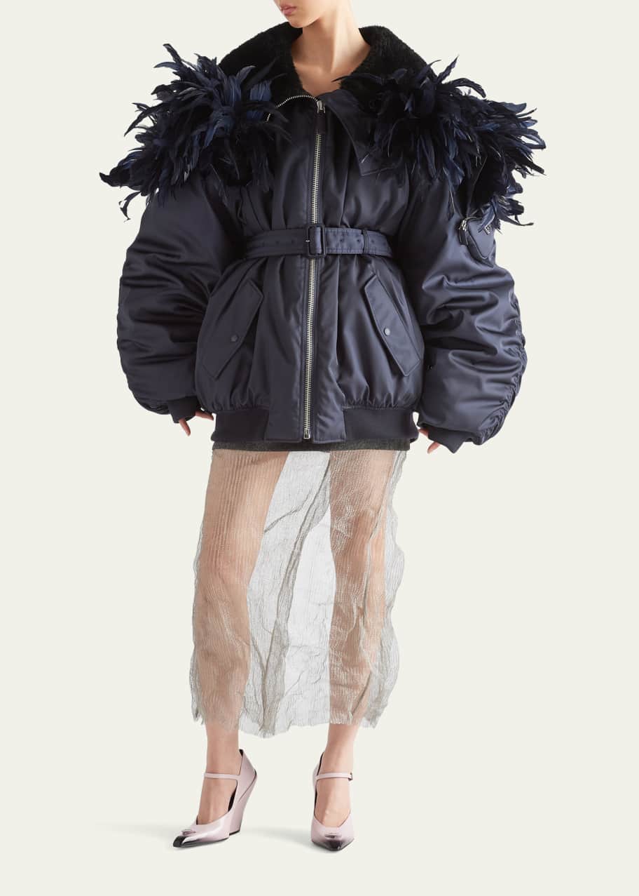 Re Nylon Shearling Lining Feather Bomber Jacket