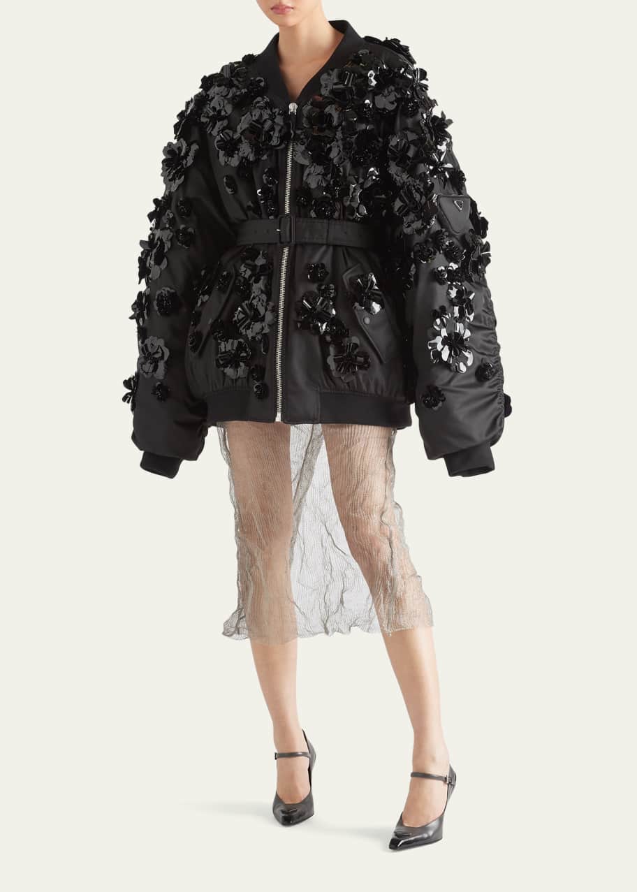 Prada Floral Applique Re-Nylon Belted Bomber Jacket - Bergdorf Goodman
