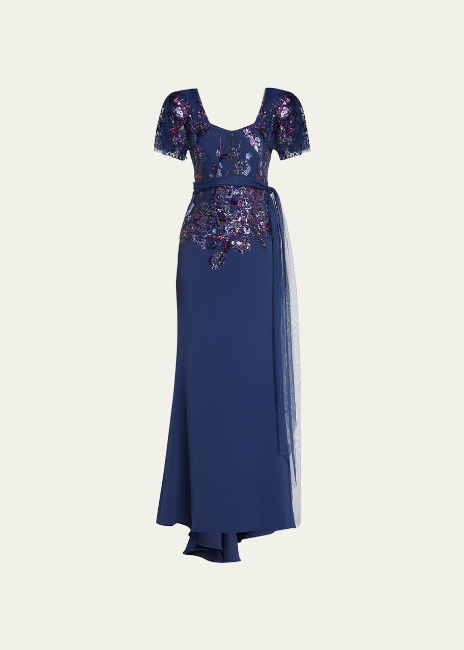 Badgley Mischka Collection Beaded Lace-Sleeve A-Line Gown - Bergdorf Goodman