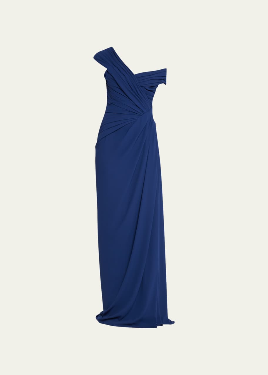 sachin and babi light blue dress Monique Lhuillier Off-Shoulder Pleated Gown