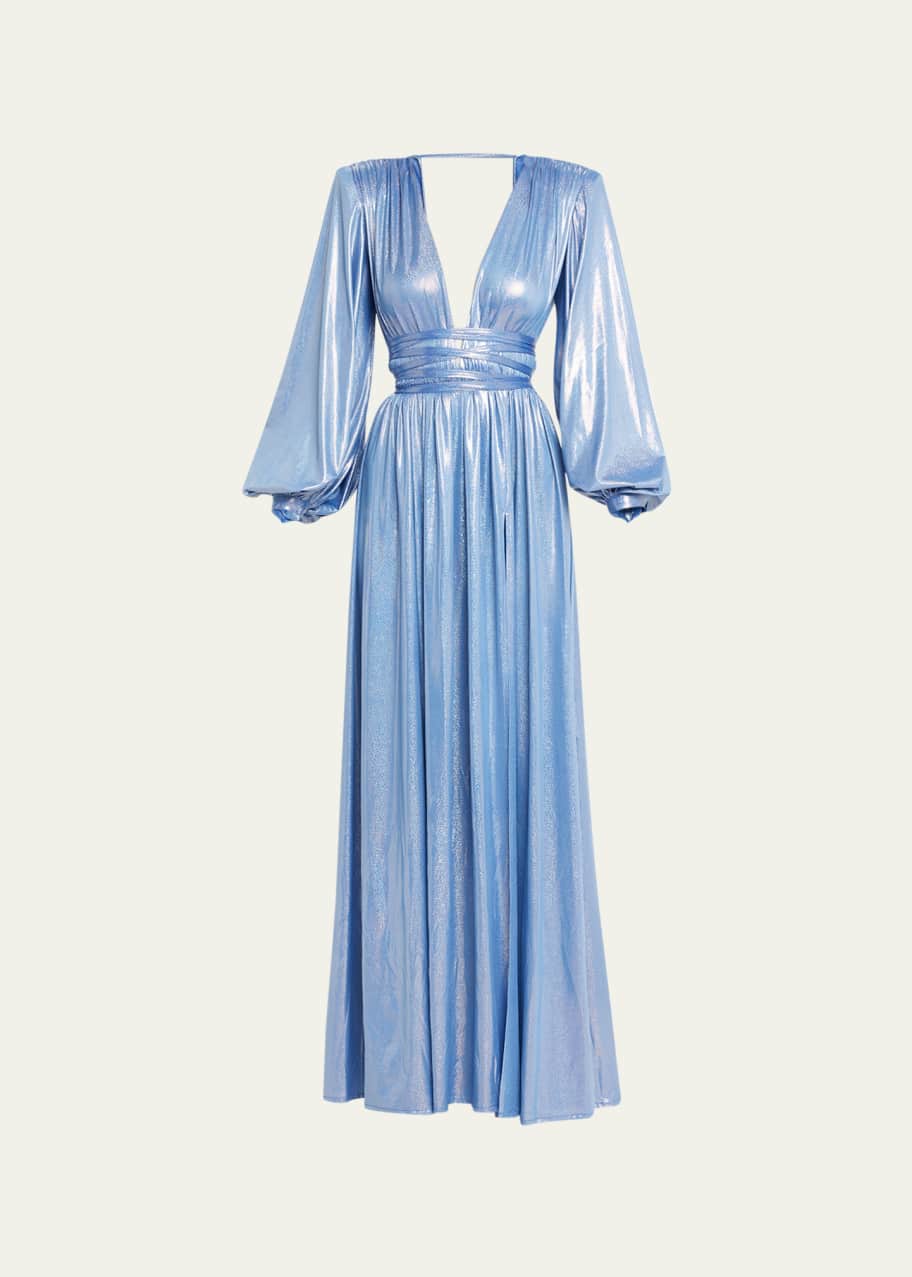 bronx and banco metallic dress Bronx And Banco Romi Metallic Empire Gown, Blue, Women's, L, Evening Formal Gala Gowns Mother of the Bride Groom Empire-Waist Gowns