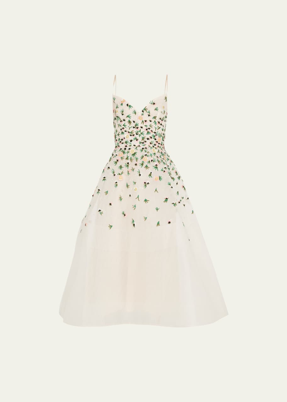 Monique Lhuillier Floral-Embroidered Tulle Cocktail Dress