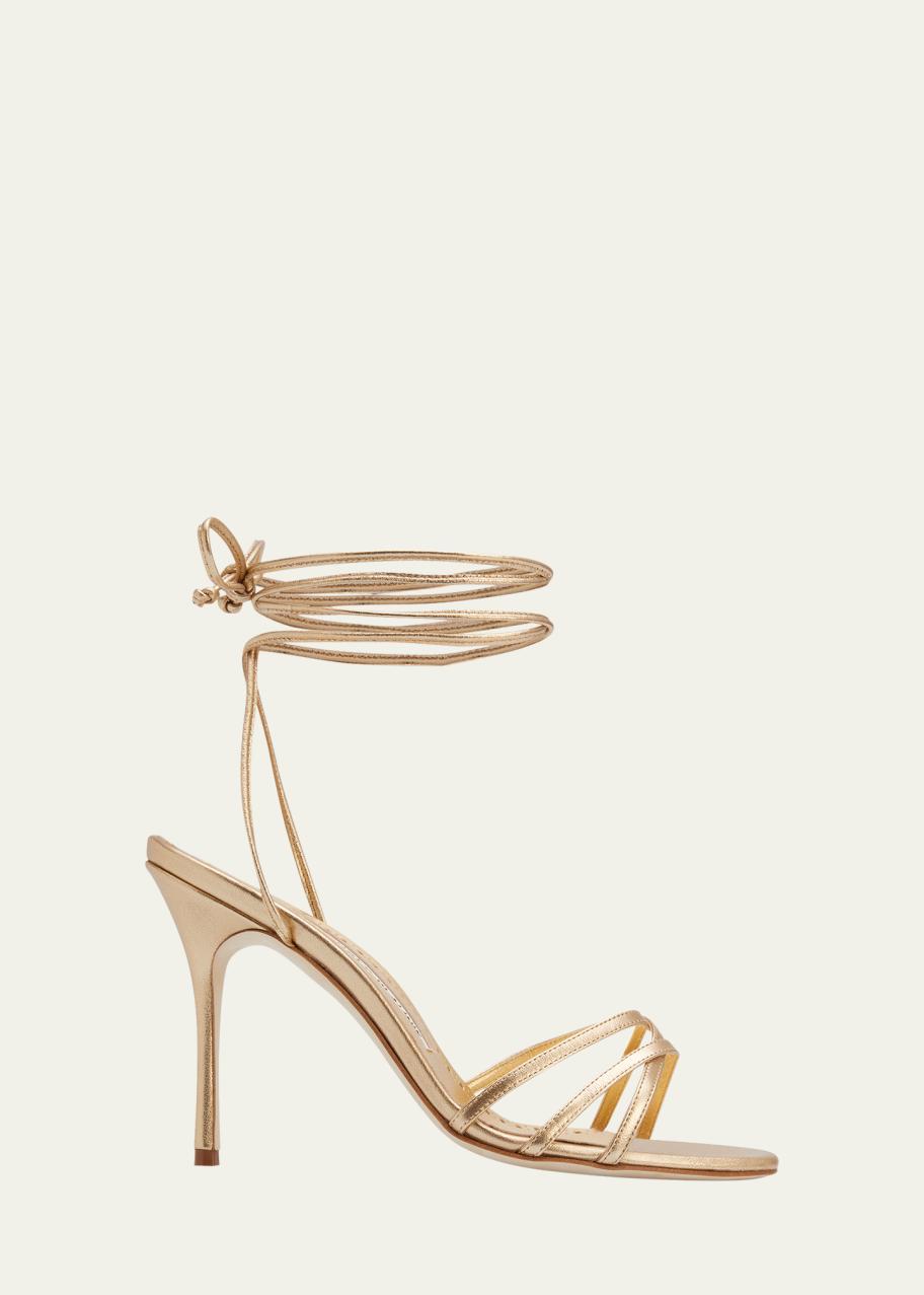 Sandales Manolo Blahnik ZAVLATI à Talons Hauts Et Lanières - Taille 36, Couleur Champagne Argenté Et Noir