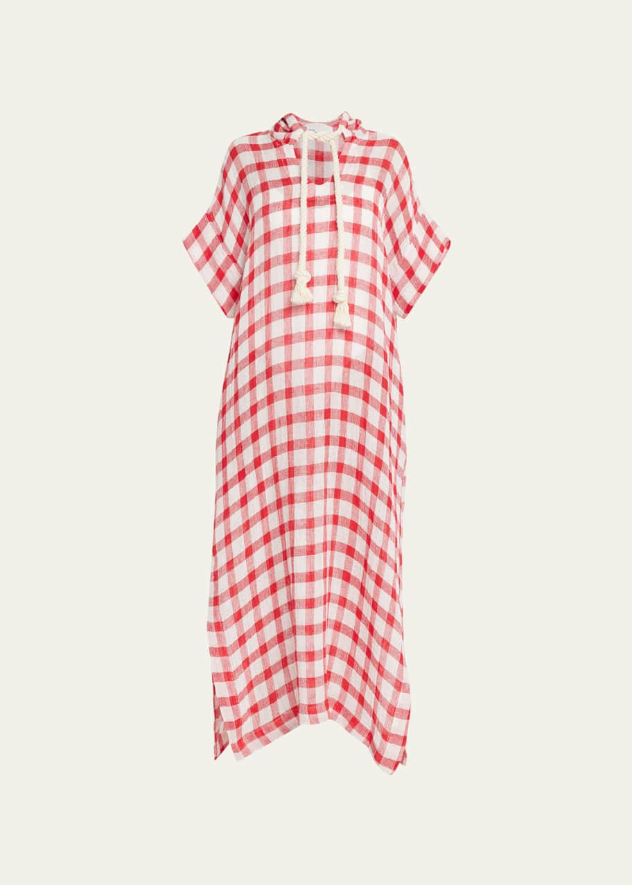 【LISA MARIE FERNANDEZ】gingham linen-blend gauze kaftan LISA MARIE FERNANDEZ Gingham Linen-Blend Gauze Hooded Kaftan