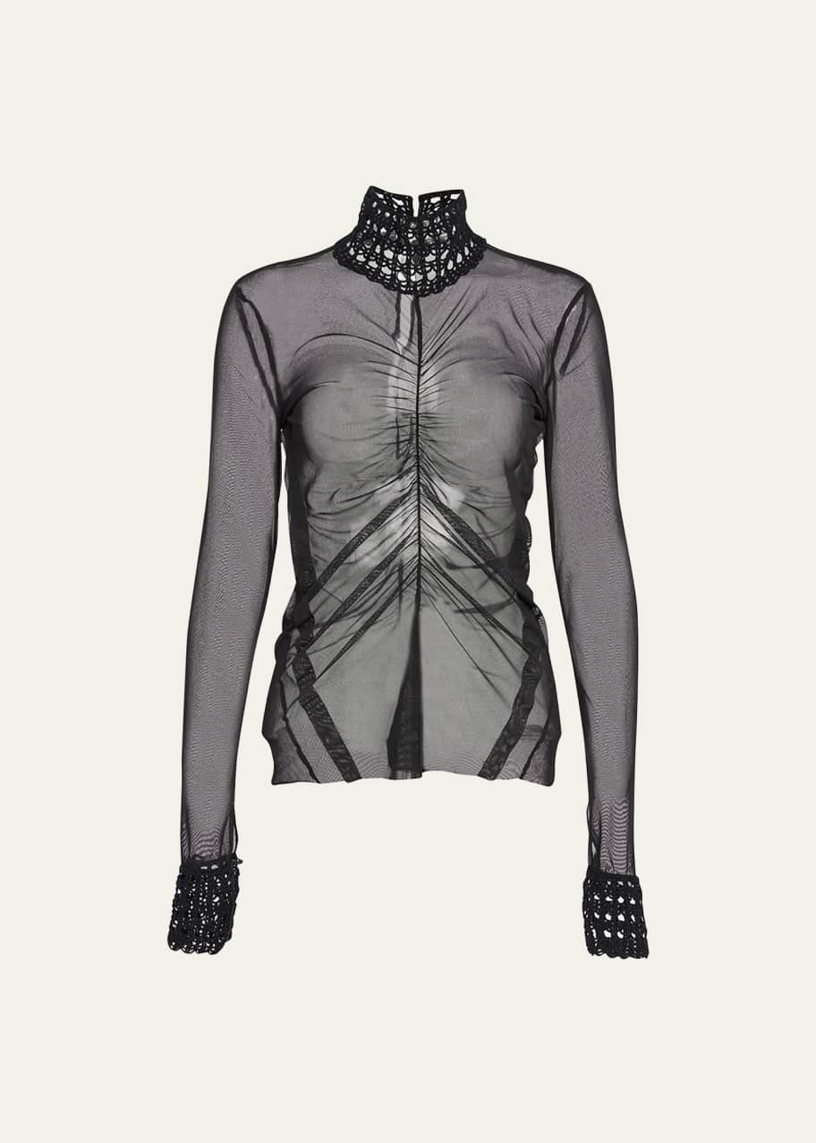 Image 1 of 1: Ruched Sheer Top with Crochet-Trim
