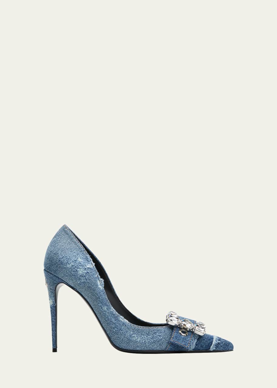 Image 1 of 1: Patchwork Denim Crystal-Buckle Pumps