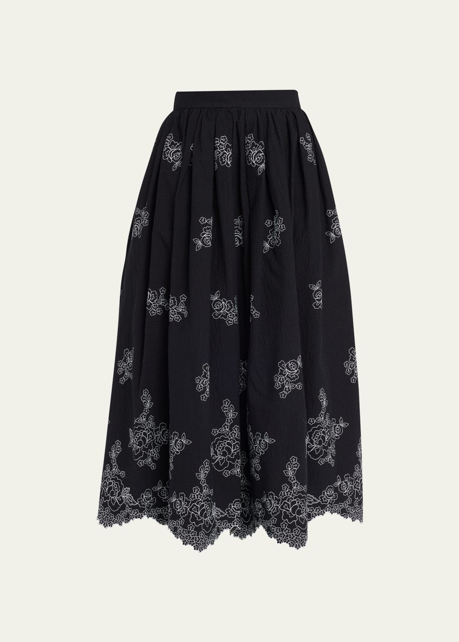 Erdem FloralEmbroidered Seersucker Midi Skirt Bergdorf Goodman