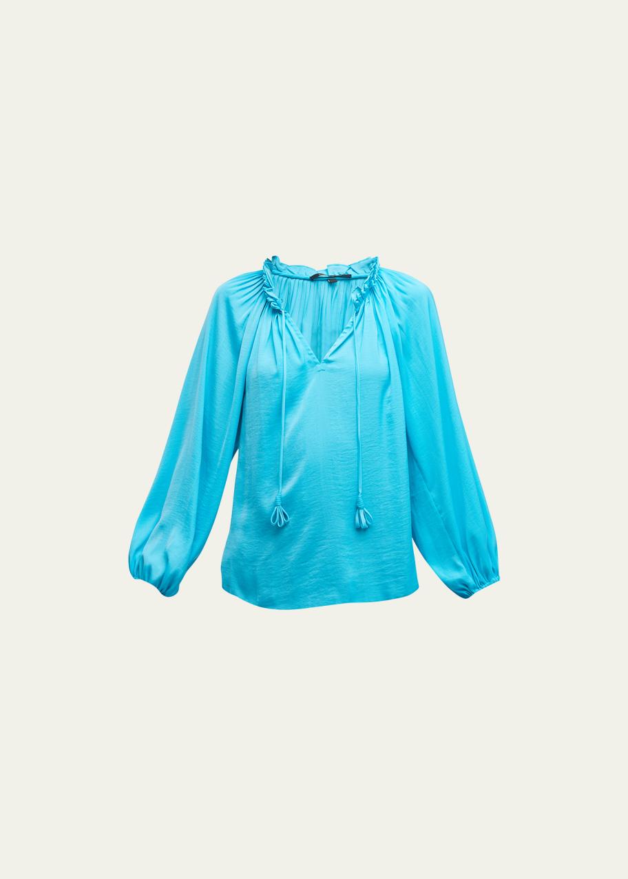 Kobi Halperin Pleated Blouson-Sleeve Loop-Trim Blouse - Bergdorf Goodman