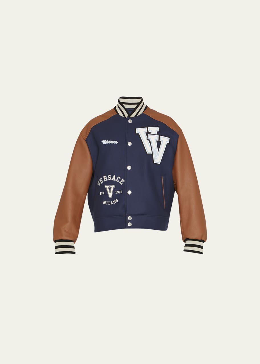 Versace Logo Patched Varsity Jacket in Blue for Men