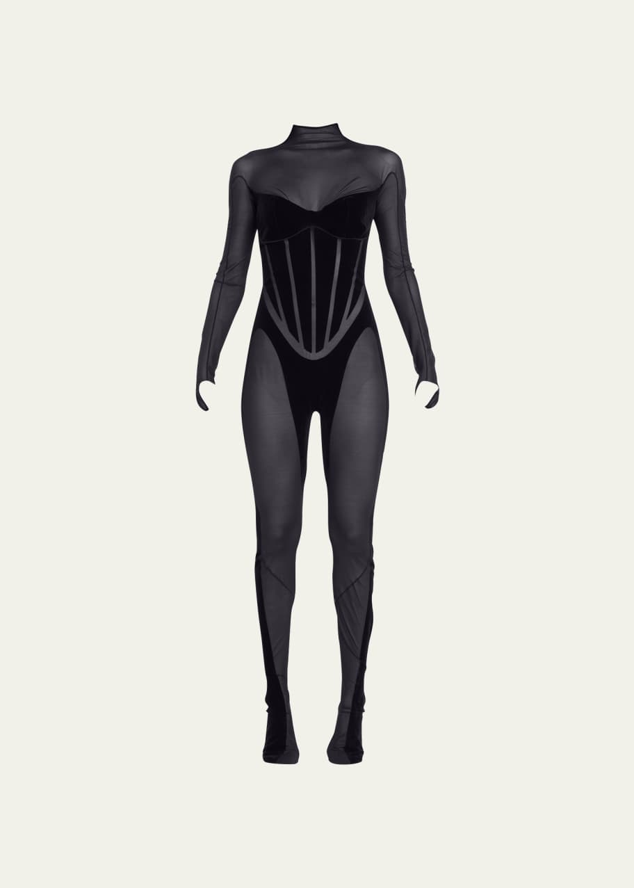 Wolford x Mugler Flock Tulle-Inset Shaping Catsuit - Bergdorf Goodman