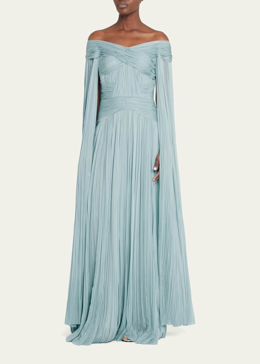 J. Mendel Cape Hand-Pleated Off-the-Shoulder Gown - Bergdorf Goodman
