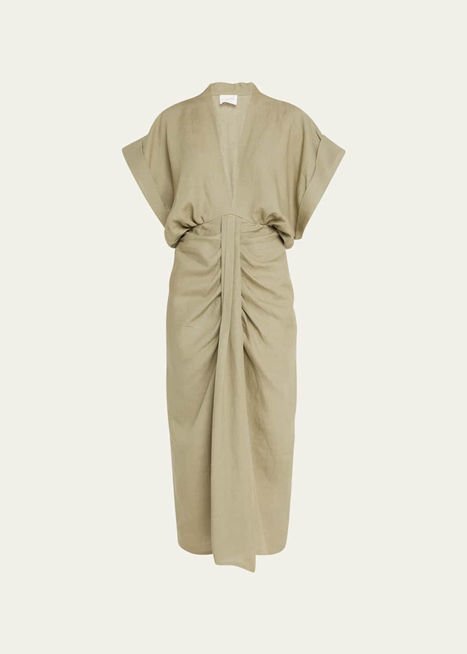 Piece of White Audelia Linen V-Neck Midi Dress - Bergdorf Goodman