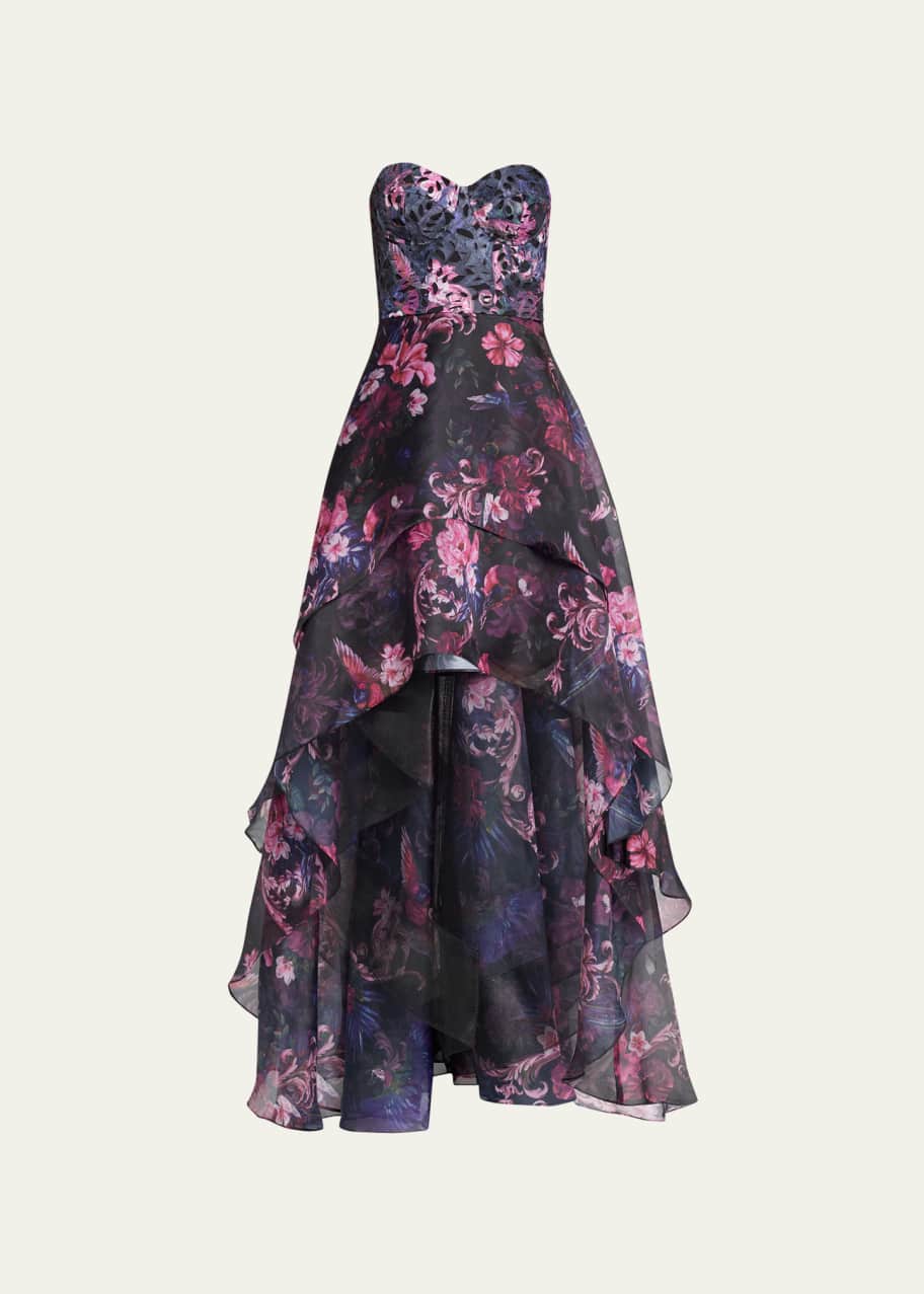 sachin and babi light blue dress MARCHESA NOTTE Strapless floral-appliquéd corded lace midi dress main image 0