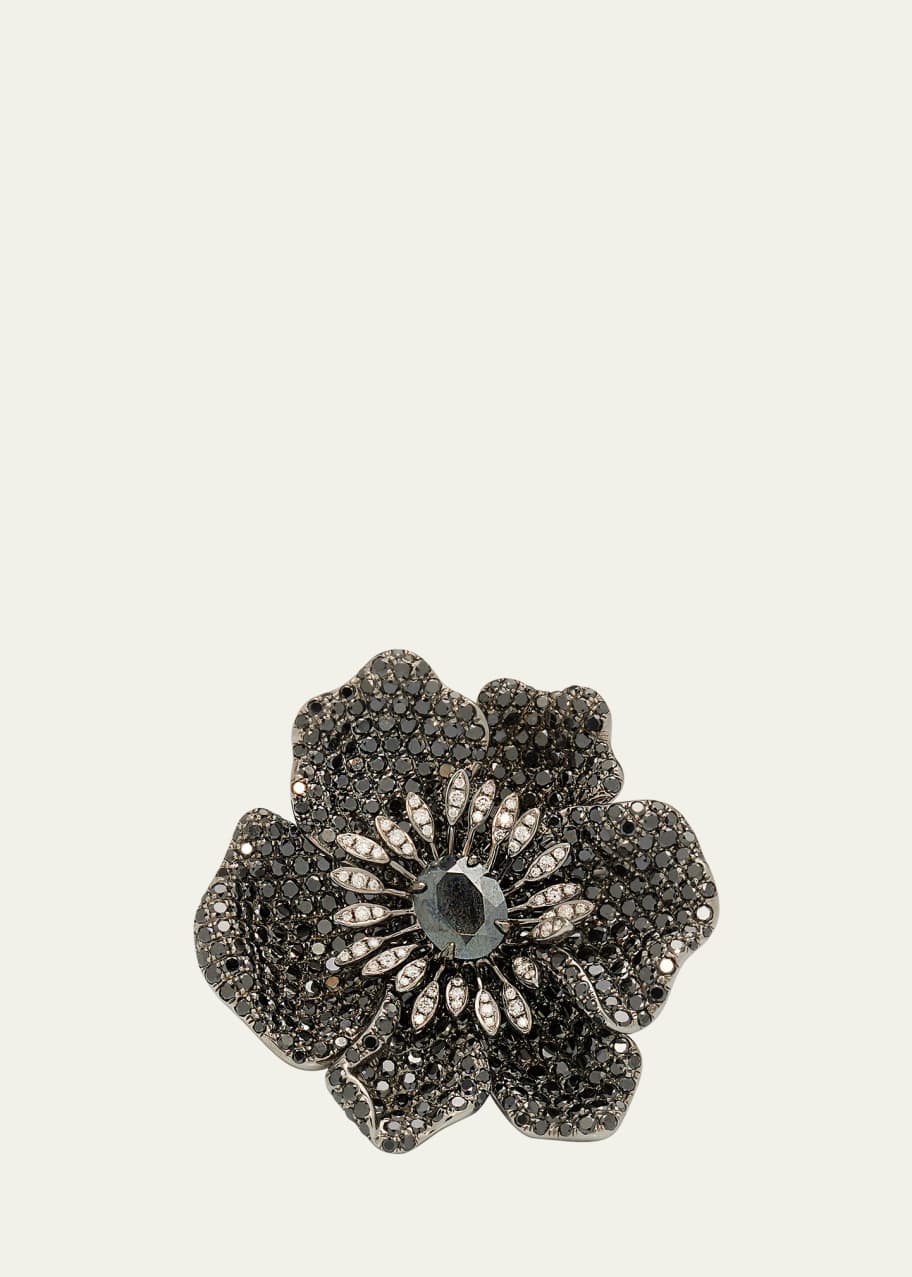 Image 1 of 1: White Gold Black Diamond and Hematite Ring from The Flower Collection