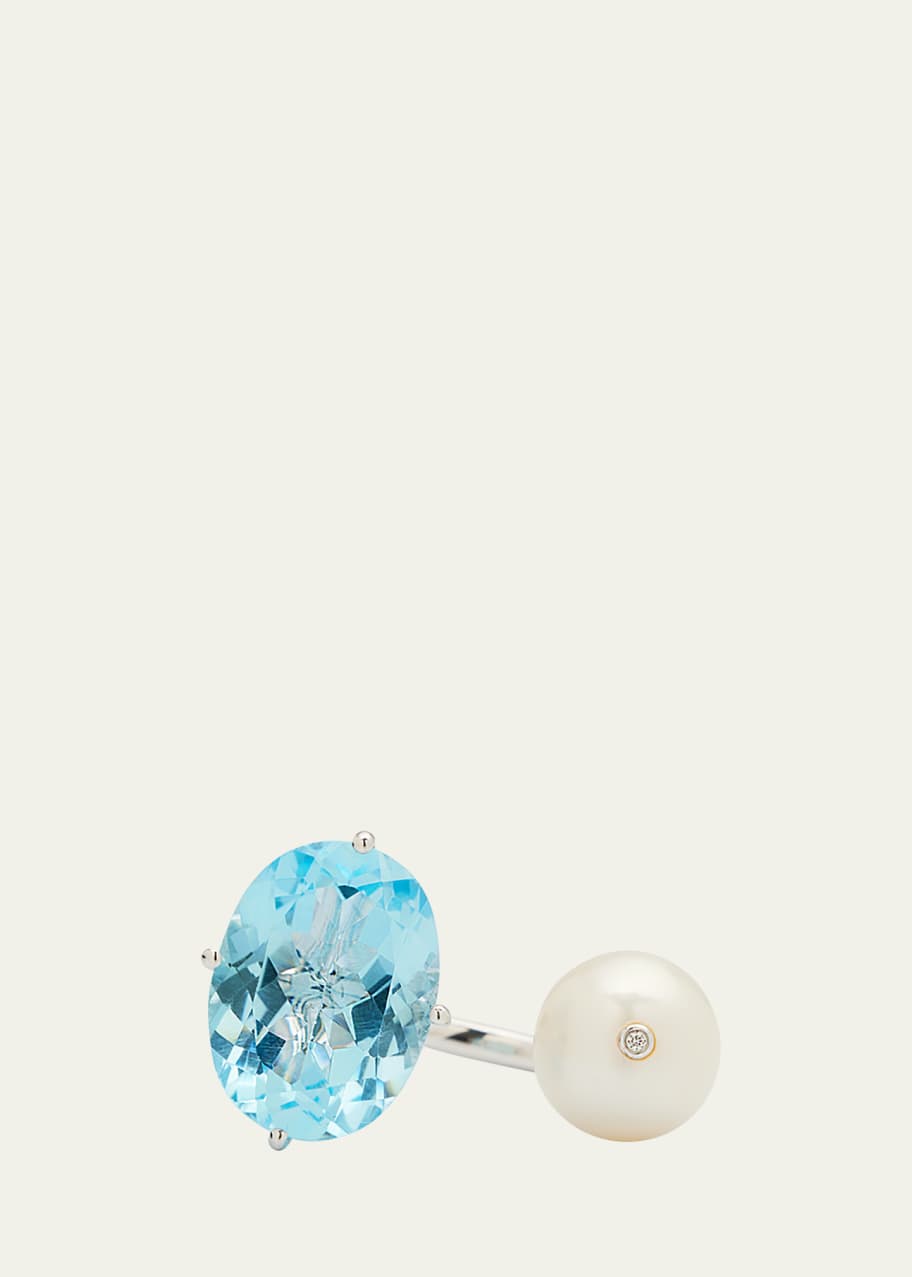 Image 1 of 1: White Gold Blue Topaz and Pearl Ring from The Terry Collection