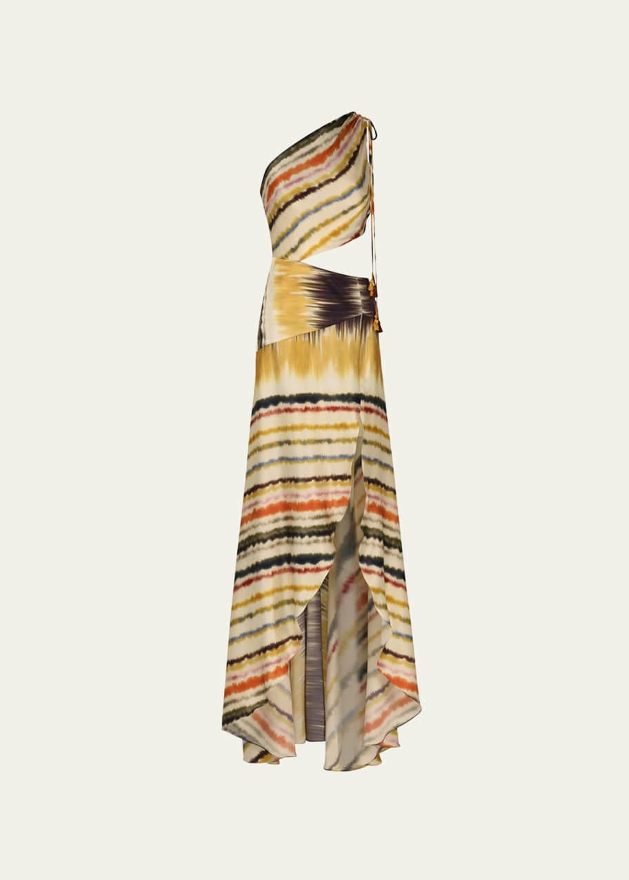 one shoulder tie dye dress Faded pink striped tie-dyed flared dress with one-shoulder sleeve.Delivery  time - 10-12 days Material Composition - Tie-dyed cotton mul Lining  Material - Soft mul Fit - Relaxed Primary color