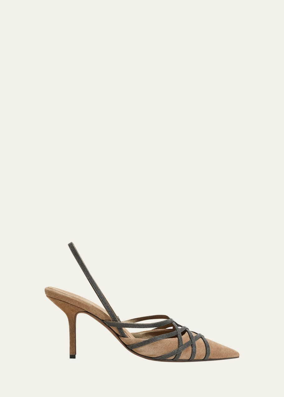 Brunello Cucinelli Suede Monili Caged Slingback Heels