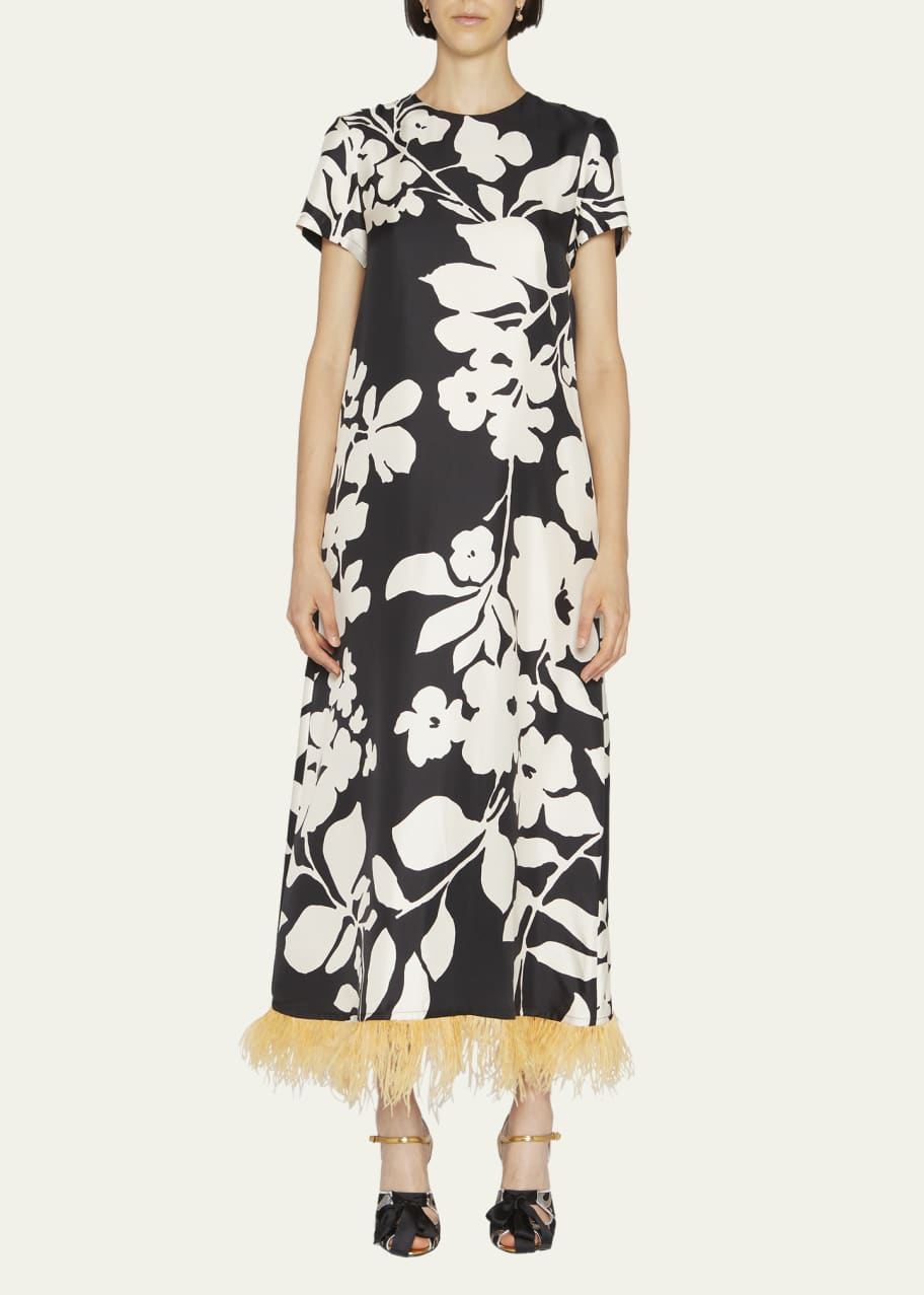 La DoubleJ FloralPrint Silk Swing Dress with Feather Trim Bergdorf