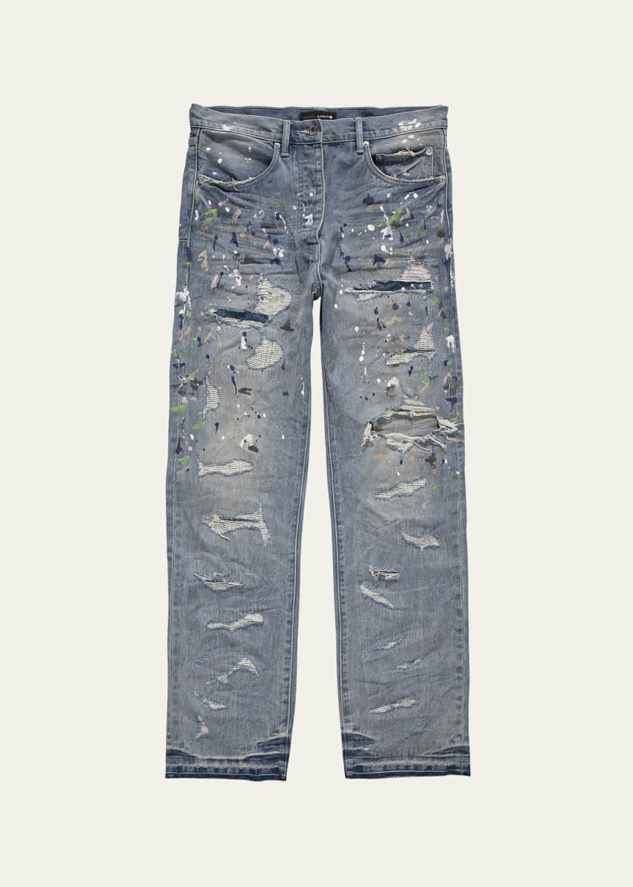 PURPLE Men's Distressed Paint-Splatter Slim Jeans - Bergdorf Goodman