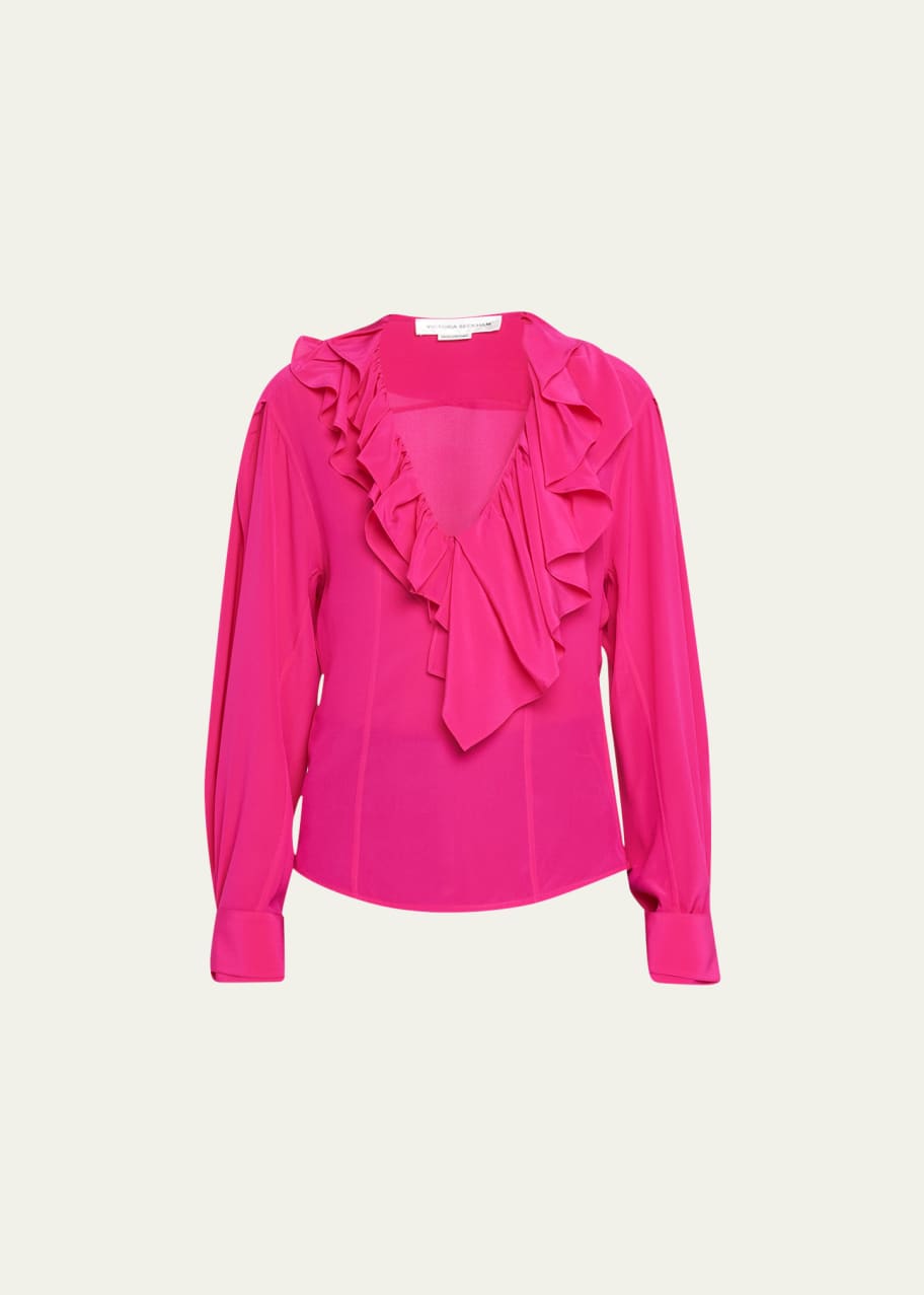 Deep V Ruffle Print Elegant Blouse