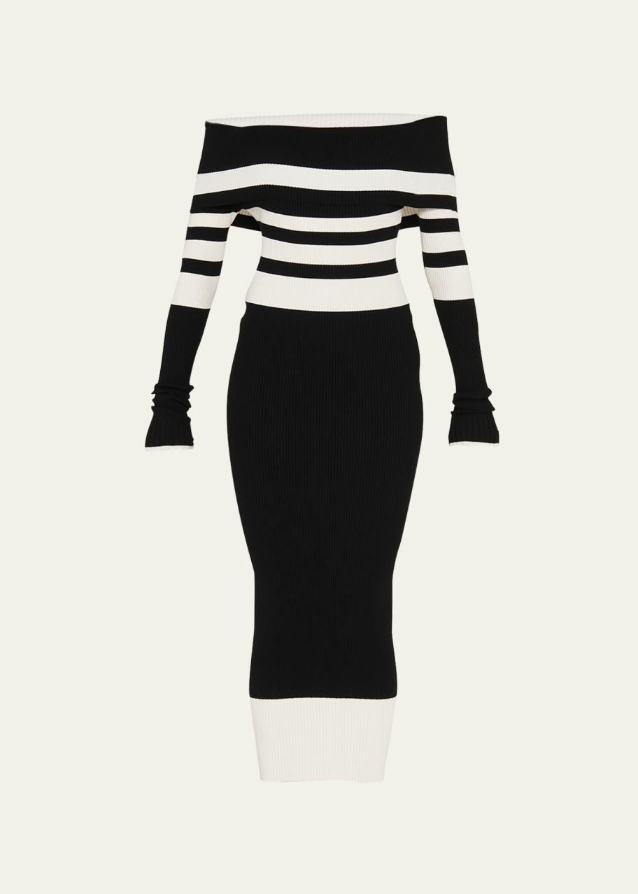 The Attico Amalia Striped Off-The-Shoulder Knit Midi Dress